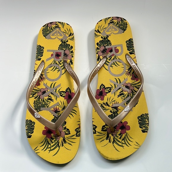 Roxy womens gold flowered flip flops - Picture 1 of 5